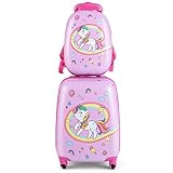 FANTASK 2 TLG. Kinderkoffer & Rucksack, Kinderkofferset inkl. 16' Kindertrolley und 12' Handgepäck, Reisegepäck Hartschalenkoffer für Jungen und Mädchen (Einhörner)