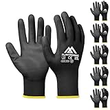flintronic 6 Paar Arbeitshandschuhe, Nylon Arbeit Handschuhe für Herren und Damen, Beschichtete Gartenhandschuhe, mit PU-Beschichtung, Rutschfeste Handschuhe, für Bauarbeiter Mechaniker, Schwarz 8/M