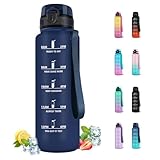 Trinkflasche, Trinkflasche 1.5 Liter, Trinkflasche Sport mit Filter, Wasserflasche mit Motivierendem Slogan, Trinkflasche mit Uhrzeit, für Fitness, Camping, Outdoor, Wandern, Running, Yoga, Navy blau