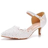 Voviggiw Damen-Hochzeitsschuhe mit Kitten-Absatz für die Braut spitzer Zehenbereich Cut-Out-Pumps Spitze Blumen Knöchelriemen Absatzsandalen Pumps weiße Markierung 39