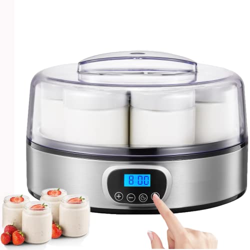 YYNN Joghurtbereiter mit 7 Gläsern (200 ml) und Rezepten, LCD-Display Joghurtbereiter mit einstellbarem Timer und automatischer Abschaltung, für hausgemachten Joghurt