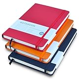 Notizbuch A5, 3 Stück Hardcover Journal Notizbücher, Notizbuch Liniert a5 mit 200 Seiten, Kunstlederbezug Notizbuch mit Elastischem Verschlussband für Schule, Büro, Schreiben (Schwarz+Rot+Orange)