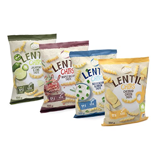 OHO Linsen Chips Multipack Gemischter Geschmack, Cheddar, Jalapeno, Speck, Sauerrahm Lentil Snacks (4 x 100g)