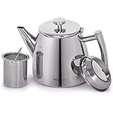Teekanne aus rostfreiem Edelstahl (1L) - Mit Tee-Ei für losen Tee - Die doppelwandige Isolierung hält Tee länger warm - Langlebiges, kratzfestes, schickes Design für die stilvolle moderne Küche (1L)