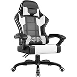 JUMMICO Massage Gaming Stuhl, Bürostuhl Ergonomisch mit Lendenwirbelstütze, Computerstühle Racing Bürostühle Sessel, Höhenverstellbar Liegestuhl Schreibtischstuhl 150kg Belastbarkeit, Weiß