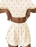 IECCP Schlafanzug Damen Kurz Pyjama Kurzarm Pyjamas Set Nachtwäsche Set Zweiteiliger Sommer Loungewear Sleepwear Hausanzug Aprikose Kirsche L