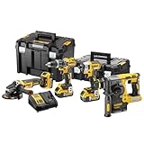 DEWALT 18 Volt Kombo-Pack (1x Schlagbohrschrauber DCD796, 1x Schlagschrauber DCF887, 1x SDS-Plus Kombihammer DCH273, 1x Winklelschleifer DCG405, 3x 18 V 5 Ah Akkus, Ladegerät, 2x Boxen), DCK422P3T-QW