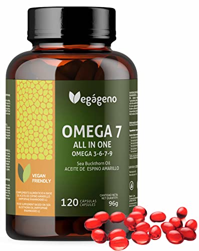 OMEGA 7 ALL IN ONE Sanddornöl mit Omega 3 6 7 9 und natürlichem Vitamin E. 120 Vegane Flüssigkapseln; Palmitoleinsäure (Omega 7) Nicht-GVO. Glutenfrei. VEGAN. Sea buckthorn oil.
