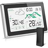 Wetterstation Funk mit Außensensor, Wettervorhersage/Thermometer/Funkwetterstation/Digitaluhr/LCD Touchscreen/DCF Funkuhr für Temperatur und Feuchtigkeitsüberwachung Innen/Außen