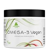 PEAK Omega-3 Vegan - 90 Kapseln I 30 Portionen I essentielle Omega-3-Fettsäuren aus hochwertigem Algenöl I 450 mg DHA & 225 mg EPA pro Portion