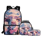 COEQINE Rosa Highland Cow Rucksack Set für Kinder Mädchen mit Lunchbox und Federmäppchen 3-in-1 süße lila Katze Rucksäcke Kindergarten Vorschule Grundschule Grundschule, Highland Cow Pink Bow