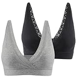 COLOMI Spitze Mutterschaft Still-BHS Nahtloser Still-BH zum Schlafen ohne Bügel Baumwolle BH zum Stillen (L, Black+Grey)