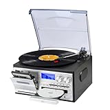 9 in 1 Plattenspieler mit Bluetooth, CD, Kassette, AM/FM Radio, USB SD MMC Wiedergabe und Fernbedienung – 3 Speed Turntable, Kopfhöreranschluss und Aux In RCA Line Out