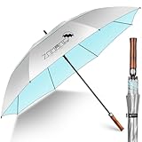 ZOMAKE 68IN Sonnenschirm mit UV Schutz,Regenschirm Groß XXL für Herren Damen,Golfschirm Sturmfest Großer Stabiler mit Gewelltem Holzgriff(Silber Hellblau)