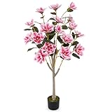 GIANTEX 90 cm Kunstbaum mit 18 Blüten, Kunstpflanze Künstliche Pflanze Magnolienbaum, Zimmerpflanze Deko im Zementtopf, Dekopflanze Grünpflanze mit Stämmen & Moos, Kunstblume Innendekoration