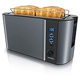 Arendo - Edelstahl Toaster Langschlitz 4 Scheiben, Defrost, wärmeisolierendes Gehäuse, Brötchenaufsatz, 1500W, Krümelschublade, Display, Cool Grey