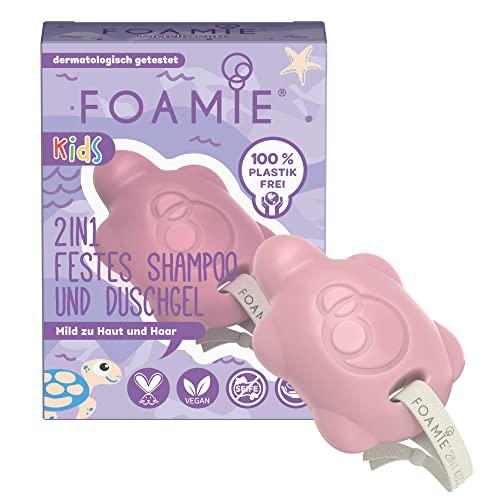 Foamie 2in1 Festes Shampoo & Duschgel Kinder, Shampoo Mädchen mit Bio-Mandelöl und Pfirsich für bessere Kämmbarkeit, Mild zu Haut und Haar, 100% Vegan, Plastikfrei, 80g