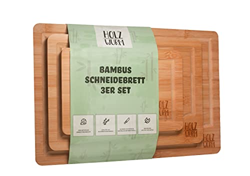 Holzwurm Bambus Schneidebrett / 3er Set / Antibakterielles Holzbrett / Mit Saftrille / langlebig und widerstandsfähig