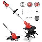 2-IN-1 Doppelmotorkopf AKKu Gartenfräse und Rasentrimmer Kompatibel mit Makita-Akkus, Akku Bodenhacke mit 5 Klingentypen und Unkrautbürste, Akku Motorhacke für Klein Beet & Garten