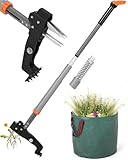 HAUSPROFI Unkrautstecher mit Stiel Teleskop (Länge 91 CM-117 cm) + 50L Gartensack, Unkrautausstecher mit 4 Edelstahl Krallen, Automatisches Zurückspungsdesign