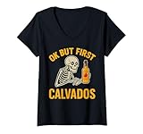 Damen Calvados Lustiges Skelett Apfel Alkohol Humor Frankreich Geist T-Shirt mit V-Ausschnitt