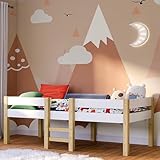 Bellabino Aspy Halbhochbett für Kinder, Kinderbett weiß inkl. Lattenrost, Halbhochbett mit Stauraum Natur/weiß, Hochbett 90x200 cm