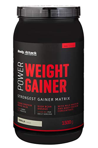 Body Attack Power Weight Gainer - Vanilla, 1,5 kg - 100% Masseaufbau, Kohlenhydrat-Eiweißpulver zum Muskelaufbau mit Whey-Protein, ideal für Hardgainer