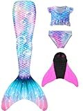 Pyjacos meerjungfrauenflosse mädchen Badeanzug - Meerjungfrau Flosse Bademode mit Bikini Set und Monoflosse Mermaid Tail, 4 Stück Set，F3-130