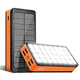 Solar Powerbank 30000mAh tragbare Ladegerät Akku-Pack mit 32 LEDs Taschenlampe 4 Output Ports & 2 Input Ports Kompatibel mit Smartphone Tablet Kopfhörer für Camping Wandern Reise, USB