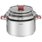 Tefal Optispace 3-teiliges Kochtopf-Set 18/20/24 cm + 3 Deckel, induktionsgeeignet, Thermo-Fusion, Messmarken, spülmaschinenfest und backofenfest, Edelstahl