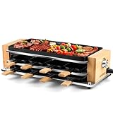 CUSIMAX Raclette Grill 8 Personen mit Holzgestell, Dreischicht-Raclette mit Antihaft-Grillplatte und Mini-Pfännchen