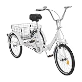 20 Zoll Faltbar Dreirad für Erwachsene, 3-Rad-Fahrrad mit Einkaufskorb Dreiräder Höhenverstellbares Seniorenfahrrad Damen-Citybike, Klappbar Cruise Cargo Dreirad für Männer und Frauen (Weiß)
