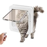 Katzenklappe mit Chiperkennung, Intelligente Katzentür mit 2 Halsketten mit RFID-Halsbandschlüsseln, Fernbedienung, 4 Schaltmodi Katzenklappe Fenster für Katzen bis zu 11 kg, Weiß