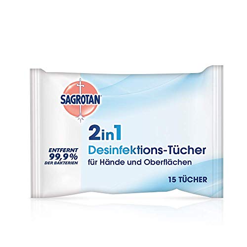 Sagrotan 2in1-Desinfektionstücher – Zum Desinfizieren von Händen und Oberflächen – 1 x 15 Feuchttücher in wiederverschließbarer Verpackung