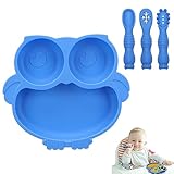 Alyvisun Eule Kinderteller Unterteilt mit Saugnapf, Silikon Baby Teller mit 3 Löffel Gabel Rutschfest Geteilte Kindergeschirr Set BPA Frei Babyteller Silikonteller für Kleinkind Kinder (Blau)