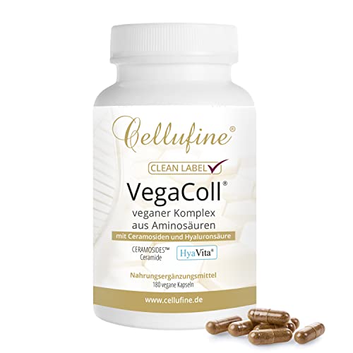 Cellufine® VegaColl® SkinCaps® - vegane Collagen-Alternative - 180 vegane Kapseln, vegane Collagen-Alternative mit 17 vegangen Aminosäuren und Vitamin C