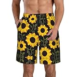 FWJZDSP Badehose für Herren mit Blumen und Sonnenblumen Print, schnelltrocknende Badeshorts, Badeanzüge mit Taschen, Strandshorts für Herren