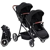 Geschwisterwagen, Zwillings-Kinderwagen für Neugeborene, Einhand-Faltung Kinderwagen, Zwillingsbuggy ab Geburt bis 15 kg, Oberer Sitz mit Liegefunktion