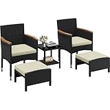 Yaheetech 5er Set Rattan Gartenmöbel Balkonmöbel Terassenmöbel Außen Kleiner Balkon mit 2 Einzelsofas & 2 Fußhocker & 1 Kaffeetisch, Schwarz & Beige