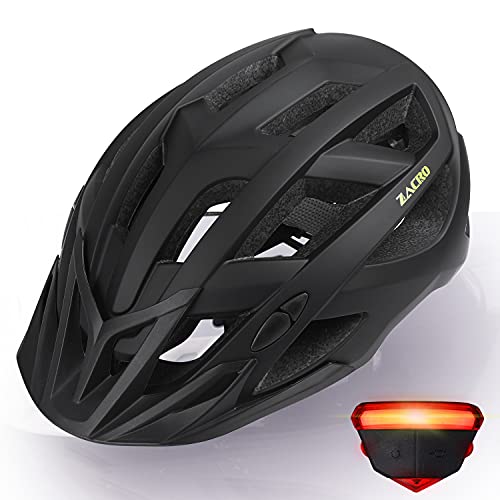 Zacro Fahrradhelm mit Rücklicht - CE Zertifiziert Bike Helmet mit Auswechselbaren Innenfutter und Abnehmbarer Sonnenblende, Verstellbar Mountainbike Helm 54-63cm für Herren Damen, Schwarz