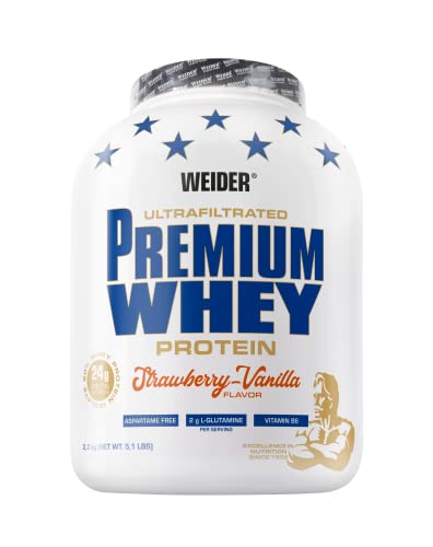 Weider Premium Whey Protein Pulver, hochwertiges Eiweißpulver mit Whey Isolat zum Muskelaufbau mit hohem Anteil an EAA, BCAA und freiem L-Glutamin, perfekte Löslichkeit – Erdbeer-Vanille, 2,3kg