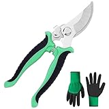 OFFCUP Gartenschere, Bypass Baumschere Bequeme, Stahl-klingen Blumenschere Und Ein Paar Grüne Handschuhe, Antihaftbeschichtet Rebschere, Edelstahl-klingen Rosenschere Für Frische Äste Und Zweige