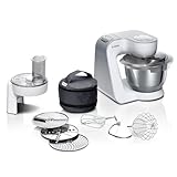 Bosch Küchenmaschine Serie 4 MUM58210, Edelstahl-Schüssel 3,9 L, Planetenrührwerk, Patisserie-Set aus Edelstahl, Knethaken, Schlagbesen, Rührbesen, Durchlaufschnitzler, 3 Scheiben, 1000 W, weiß/silber