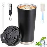 Hejo Thermobecher Kaffee to go Becher, Thermo Kaffeebecher mit Strohhalm aus Edelsthal, 530 ml Auslaufsicherer Isolierbecher mit Deckel, Doppelwandiger Reisebecher für Heiße＆Kalte Getränke (Schwarz)