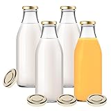 4 Glasflaschen 1000ml Saftflaschen Milchflaschen mit 8 Deckeln gold inkl. Etiketten