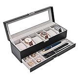 ProCase Uhrenbox mit 6 Fächern，Uhrenkasten mit Glasdeckel, 2 Ebenen, Uhrenkoffer mit herausnehmbaren Uhrenkissen, Uhrenschatulle für Schmuck, Ringe, Armbänder und Halsketten -Schwarz