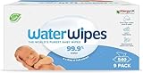 WaterWipes plastikfreie, originale Reinigungstücher für Babys, 540 Stück (9 Packungen), 99,9 % wasserbasierte Reingugnstücher, unparfümiert für empfindliche Haut