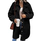 Langer Damenmantel, flauschig, Sherpa-Jacke, Revers, Kunstfell, Winter, warme Oberbekleidung mit Taschen, Schwarz , L