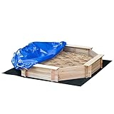 Outsunny Sandkasten mit Abdeckung 8-eckig Sandkiste aus Massivholz Bodenloses Design für Kinder 3-8 Jahre Natur+Blau 139,5 x 139,5 x 21,5 cm