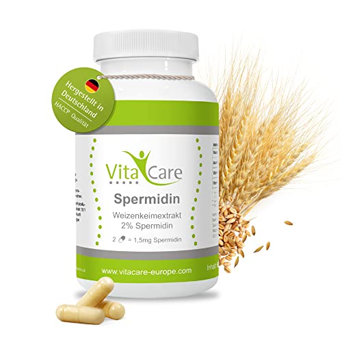 VitaCare Spermidin aus natürlichem Weizenkeim-Extrakt, hoch dosierte Spermidin-Kapseln mit 1,5 mg Spermidin-Gehalt und Vitamin B12 & B2, 240 Kapseln